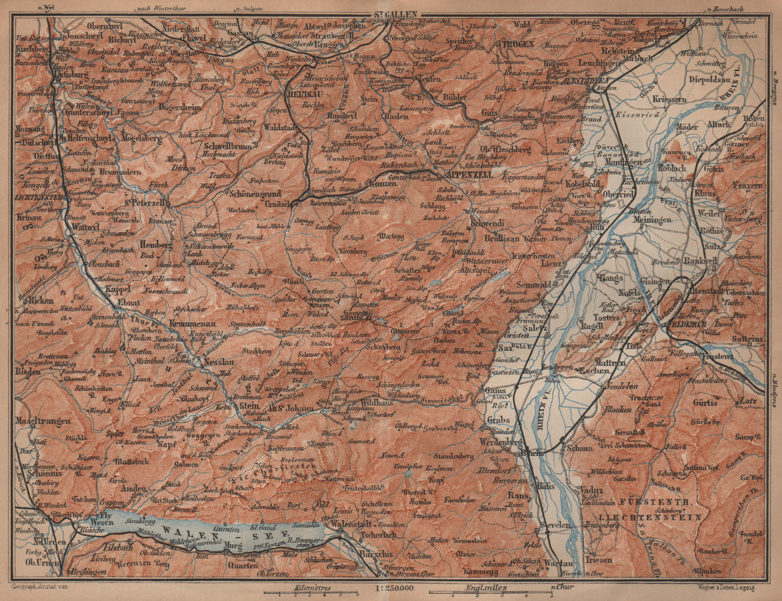 APPENZELL CANTON. Wildhaus Unterwasser St. Gallen Trogen Walensee 1901 old map